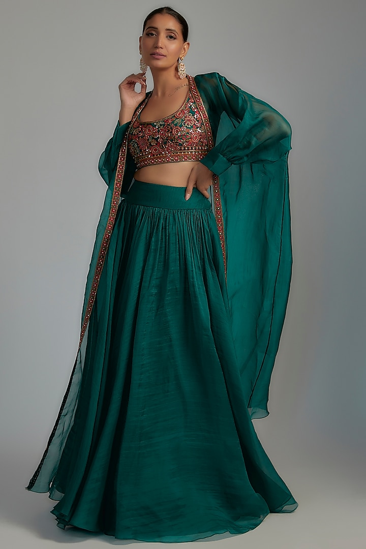 Emerald Green Organza Jacket Wedding Lehenga Set by Ridhi Mehra at Pernia's Pop Up Shop
