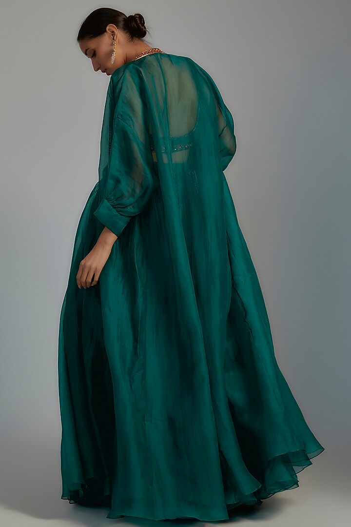 Emerald Green Organza Jacket Wedding Lehenga Set by Ridhi Mehra at Pernia's Pop Up Shop