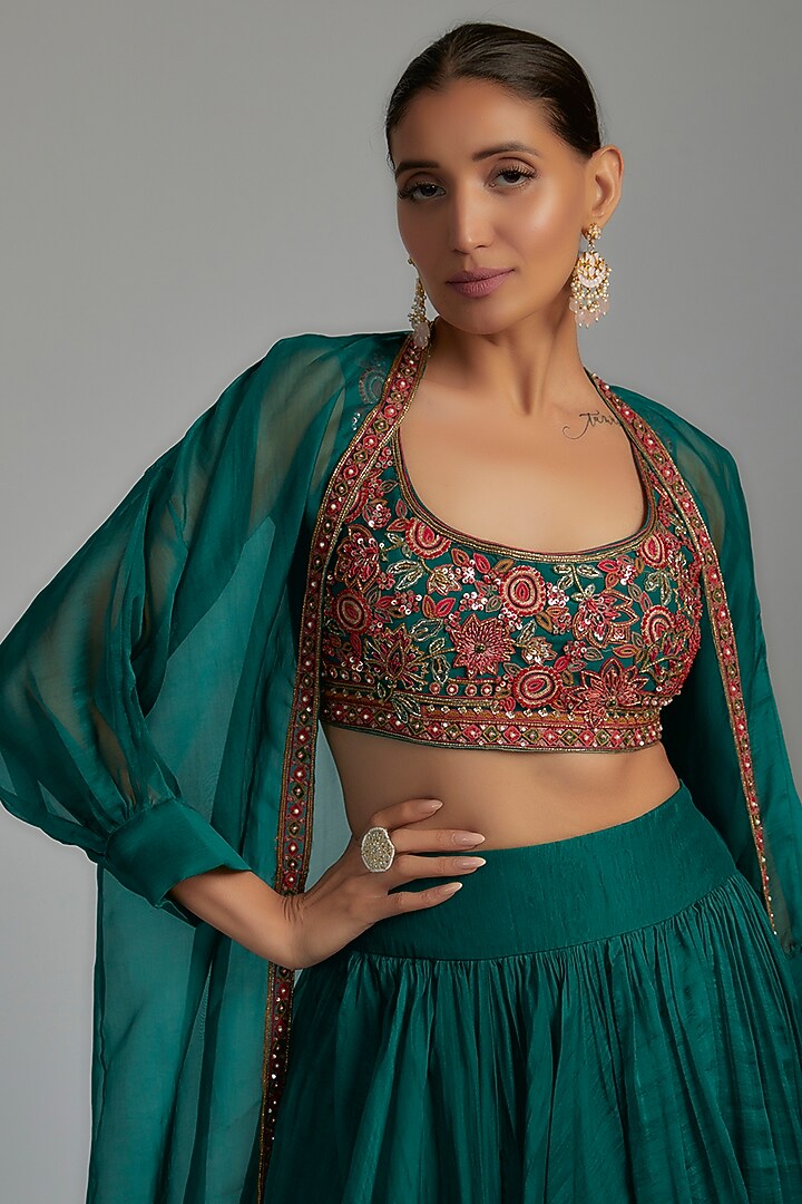 Emerald Green Organza Jacket Wedding Lehenga Set by Ridhi Mehra at Pernia's Pop Up Shop