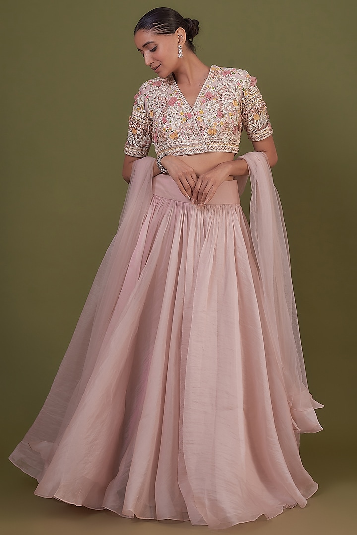 Dusty Pink Organza & Net Embroidered Wedding Lehenga Set by Ridhi Mehra at Pernia's Pop Up Shop