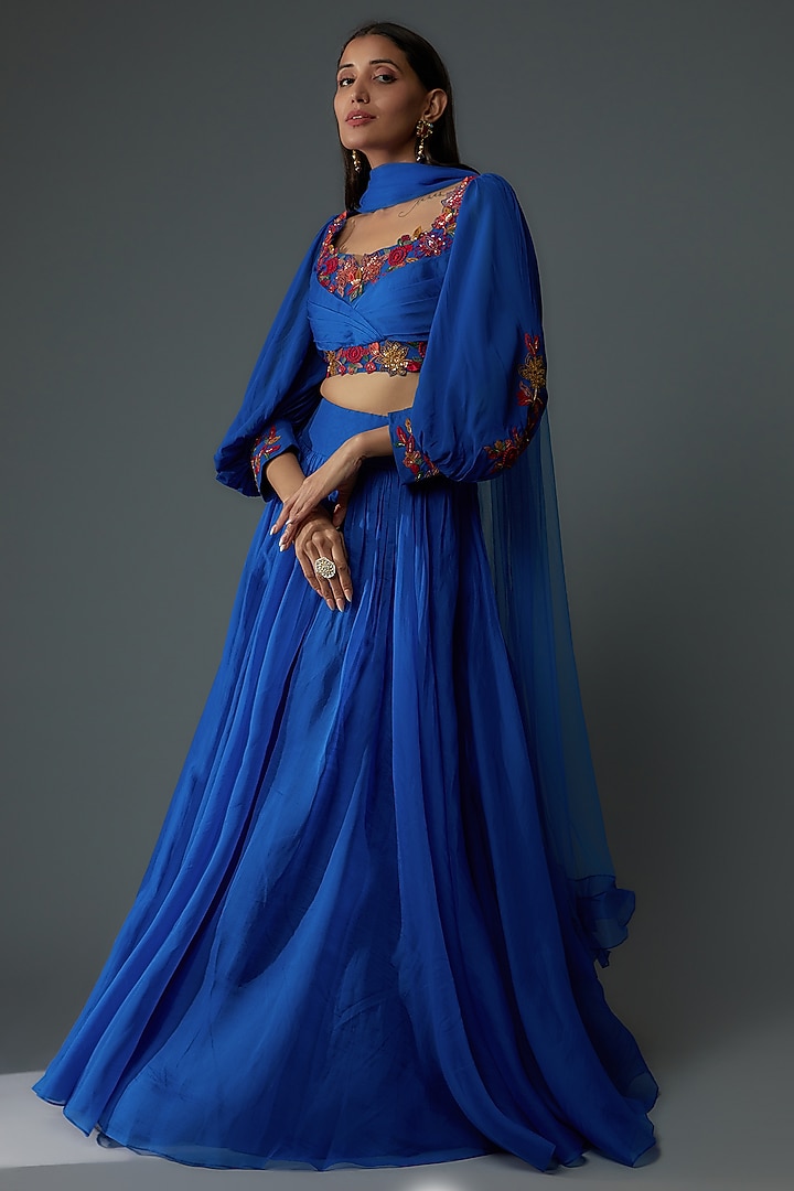 Royal Blue Georgette Wedding Lehenga Set by Ridhi Mehra at Pernia's Pop Up Shop