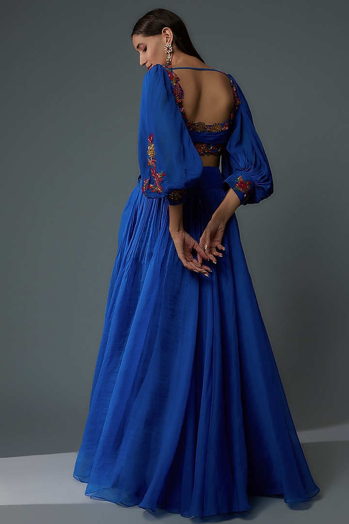 Royal Blue Georgette Wedding Lehenga Set by Ridhi Mehra at Pernia's Pop Up Shop
