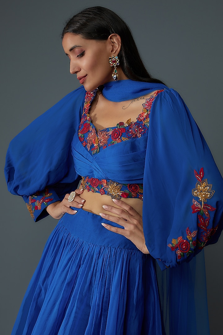 Royal Blue Georgette Wedding Lehenga Set by Ridhi Mehra at Pernia's Pop Up Shop