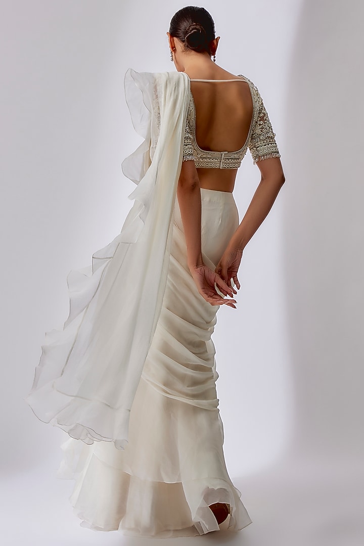 White Chiffon Organza Draped Reception Saree Set by Ridhi Mehra at Pernia's Pop Up Shop