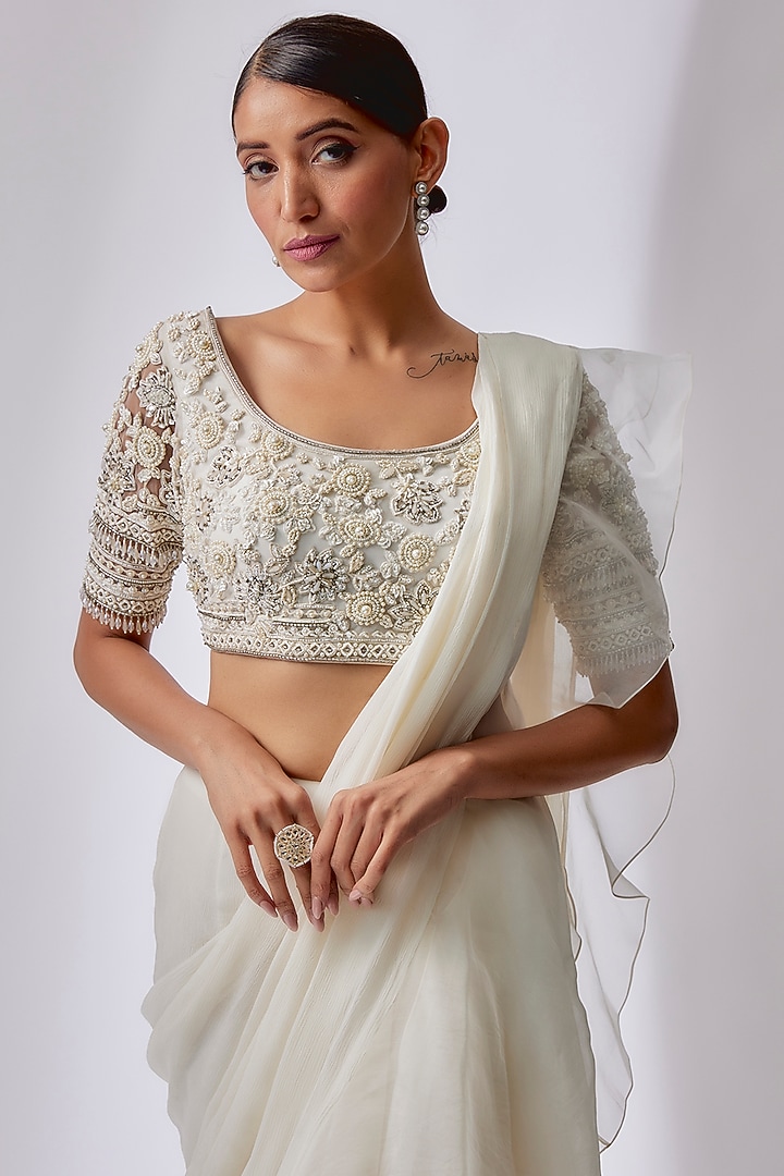 White Chiffon Organza Draped Reception Saree Set by Ridhi Mehra at Pernia's Pop Up Shop