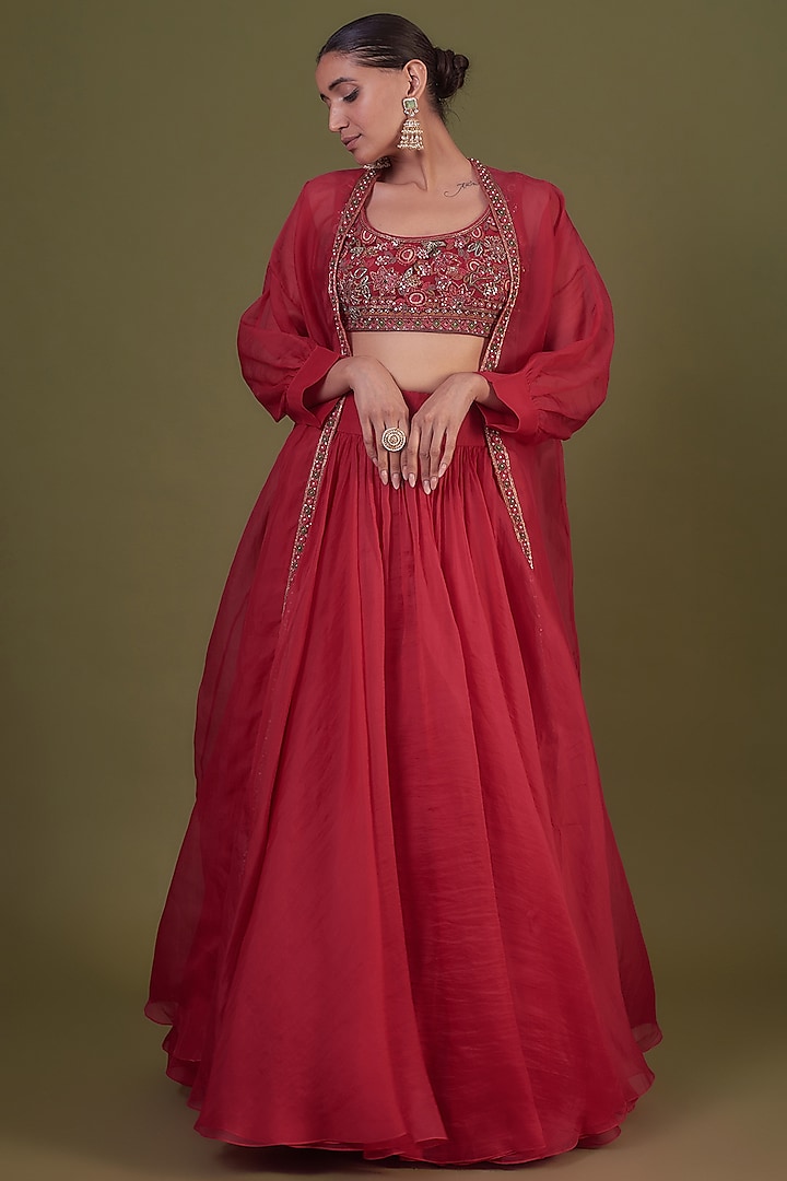 Red Organza & Net Embroidered Jacket Wedding Lehenga Set by Ridhi Mehra at Pernia's Pop Up Shop