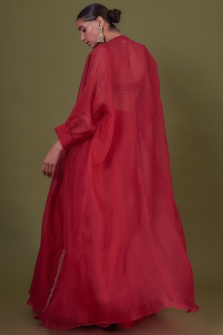 Red Organza & Net Embroidered Jacket Wedding Lehenga Set by Ridhi Mehra at Pernia's Pop Up Shop