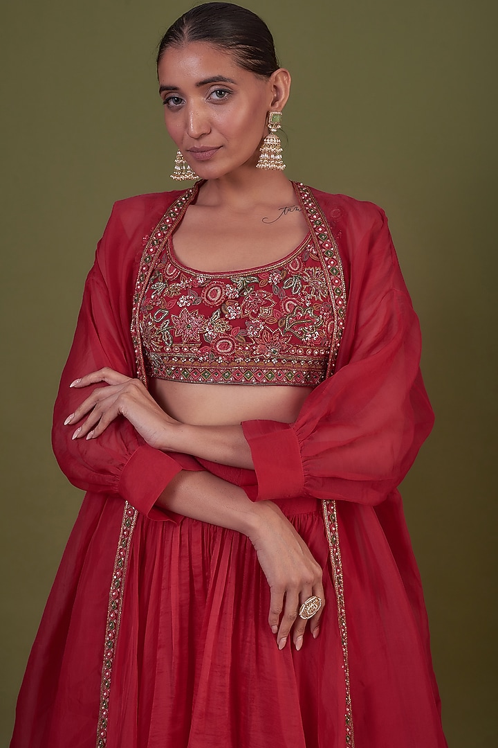 Red Organza & Net Embroidered Jacket Wedding Lehenga Set by Ridhi Mehra at Pernia's Pop Up Shop