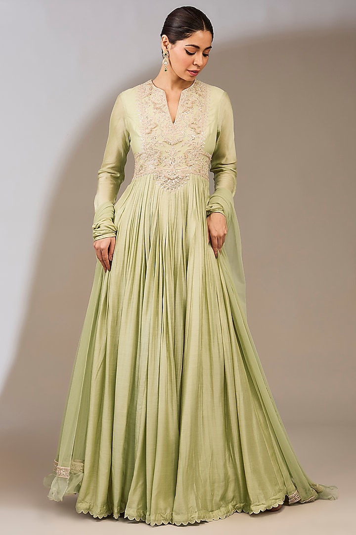 Silver & Green Fine Silk Embroidered Anarkali Set by Ridhi Mehra