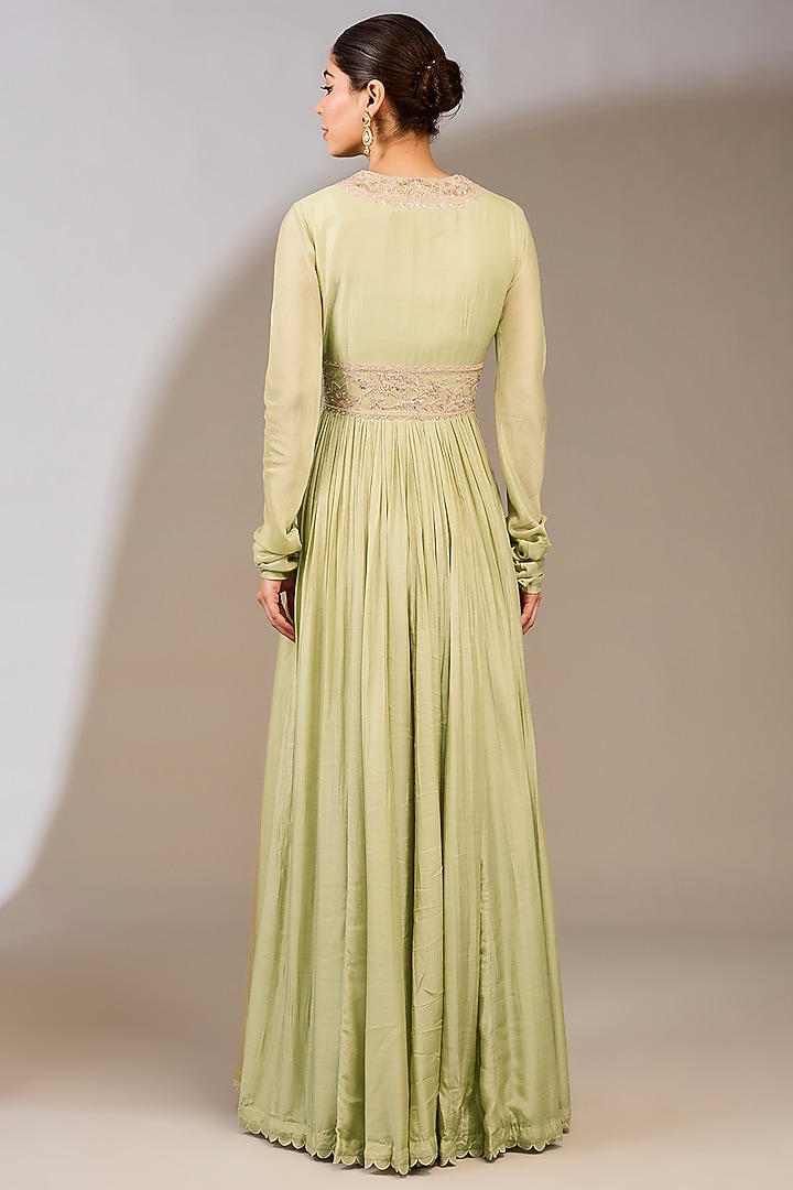 Silver & Green Fine Silk Embroidered Bridal Anarkali Set by Ridhi Mehra at Pernia's Pop Up Shop