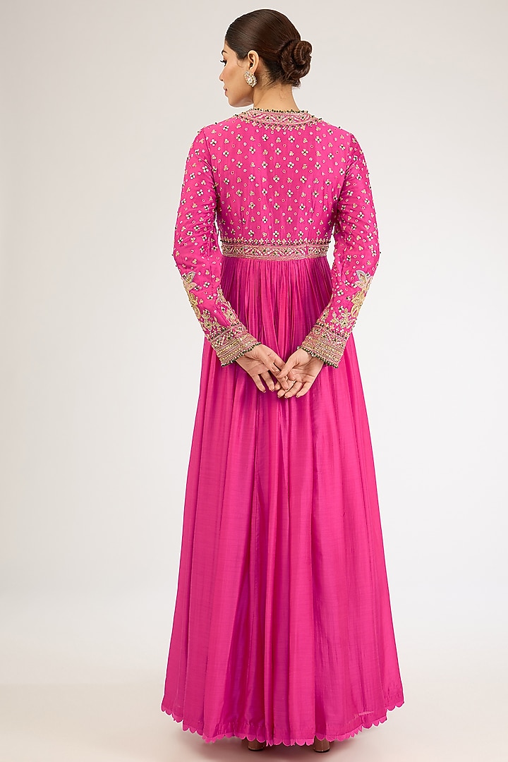 Fuchsia Silk Embroidered Bridal Anarkali Set by Ridhi Mehra at Pernia's Pop Up Shop