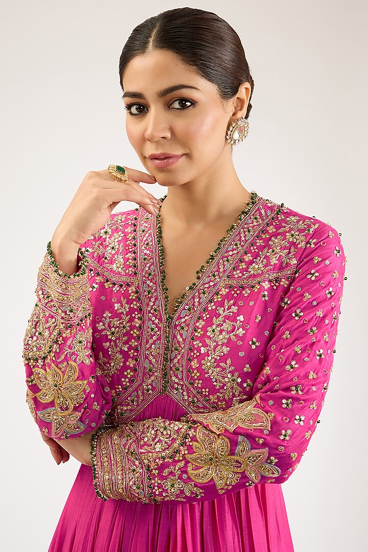Fuchsia Silk Embroidered Bridal Anarkali Set by Ridhi Mehra at Pernia's Pop Up Shop