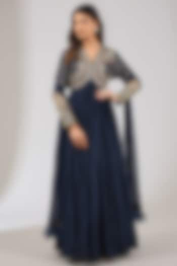 Navy Blue Fine Silk Embroidered Anarkali Set by Ridhi Mehra at Pernia's Pop Up Shop