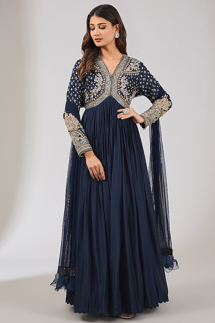 Navy Blue Fine Silk Embroidered Anarkali Set by Ridhi Mehra at Pernia's Pop Up Shop