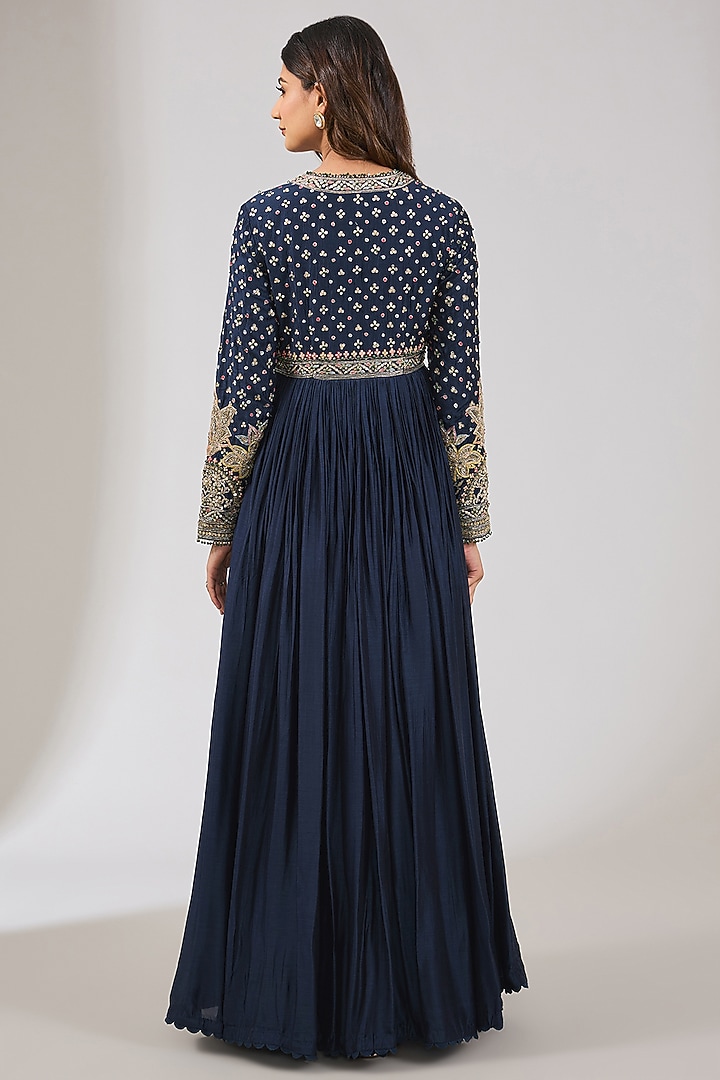 Navy Blue Fine Silk Embroidered Bridal Anarkali Set by Ridhi Mehra at Pernia's Pop Up Shop