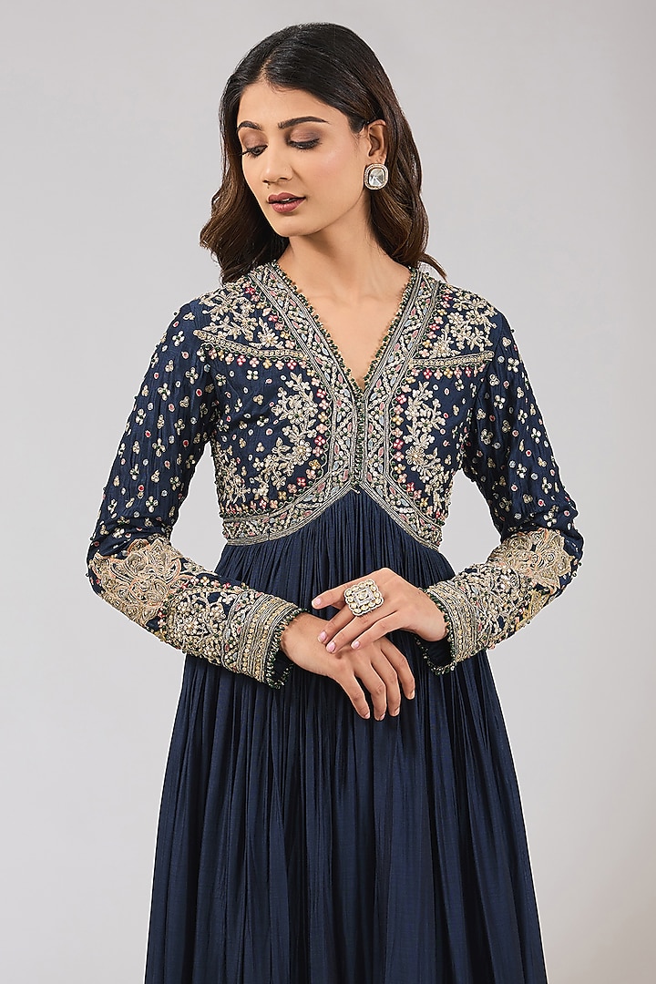 Navy Blue Fine Silk Embroidered Bridal Anarkali Set by Ridhi Mehra at Pernia's Pop Up Shop