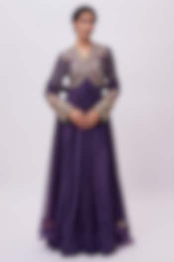 Purple Silk Embroidered Anarkali Set by Ridhi Mehra at Pernia's Pop Up Shop