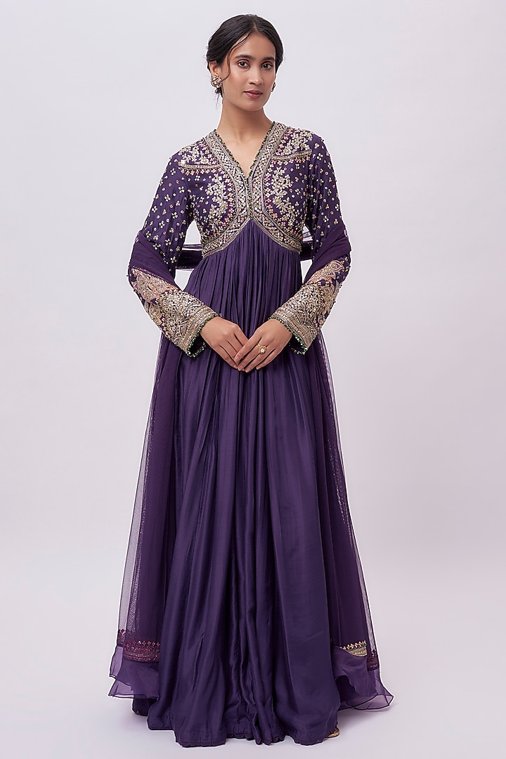 Purple Silk Embroidered Anarkali Set by Ridhi Mehra at Pernia's Pop Up Shop