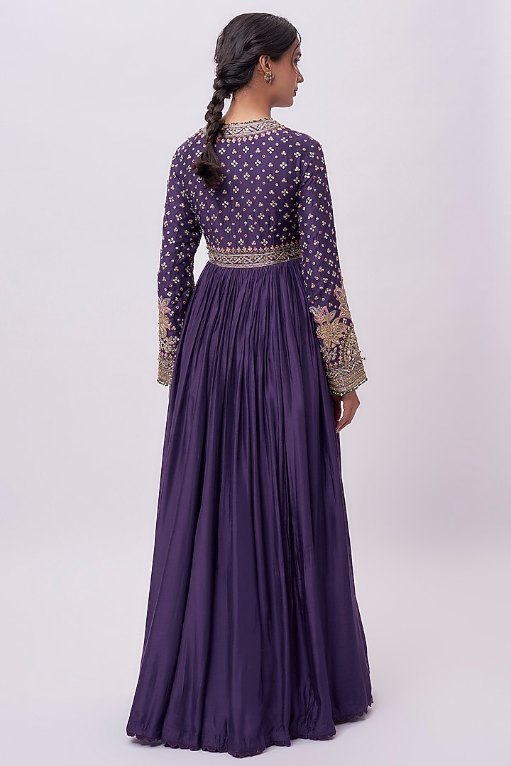 Purple Silk Embroidered Bridal Anarkali Set by Ridhi Mehra at Pernia's Pop Up Shop