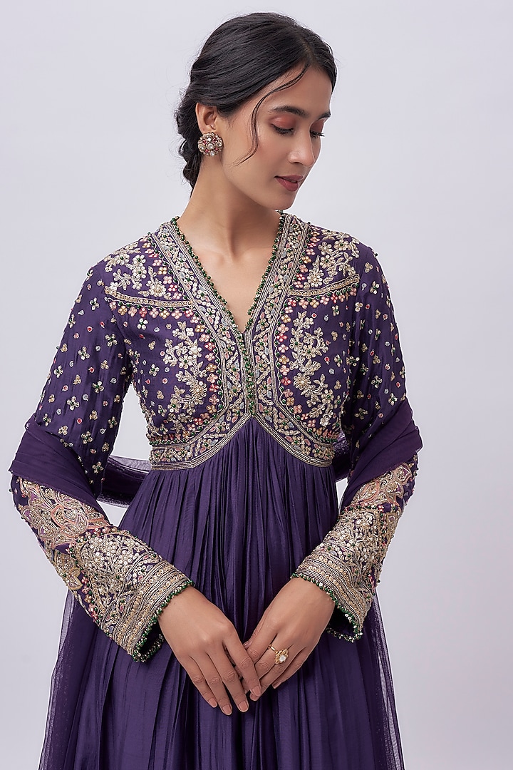 Purple Silk Embroidered Bridal Anarkali Set by Ridhi Mehra at Pernia's Pop Up Shop