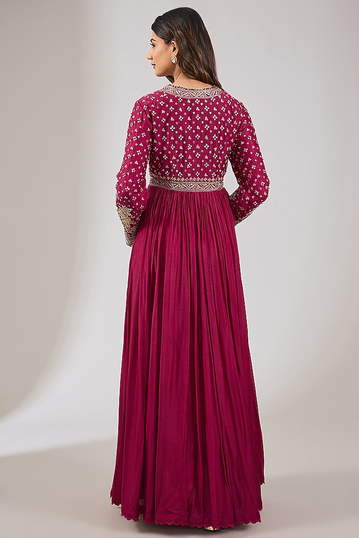 Red Fine Silk Embroidered Bridal Anarkali Set by Ridhi Mehra at Pernia's Pop Up Shop