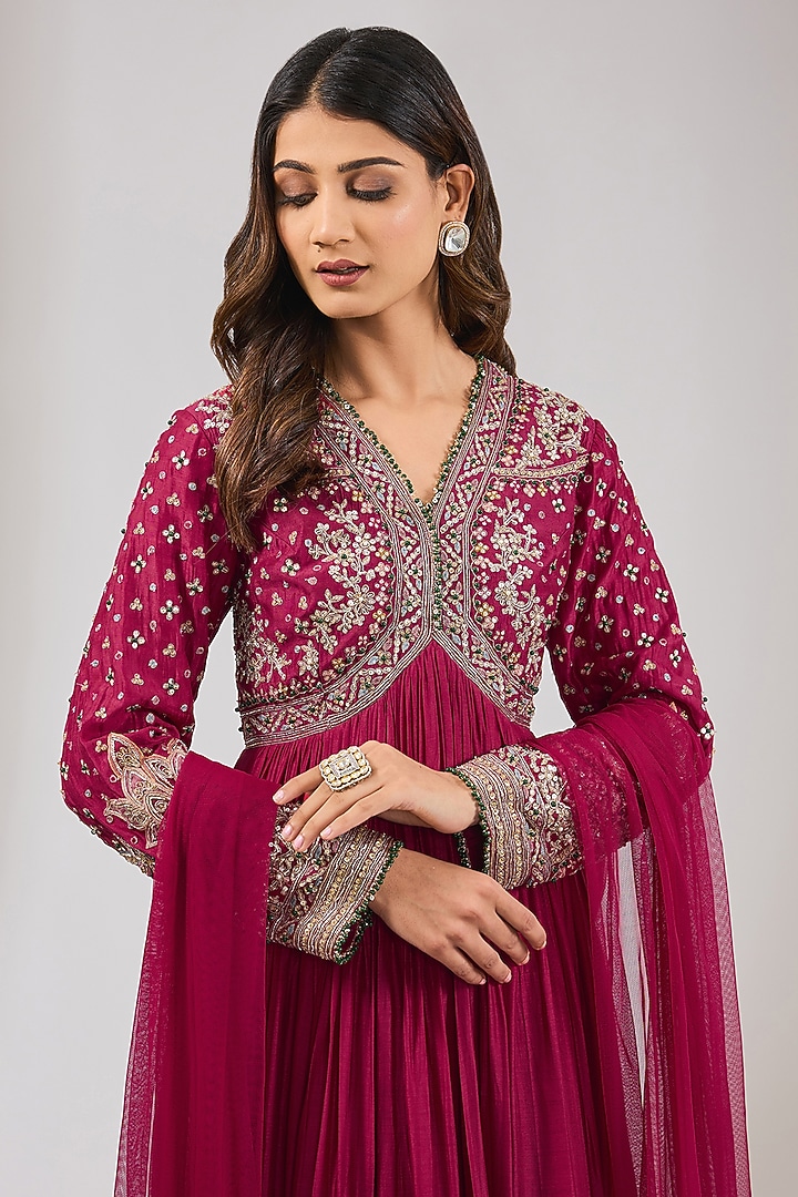 Red Fine Silk Embroidered Bridal Anarkali Set by Ridhi Mehra at Pernia's Pop Up Shop