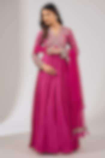 Fuchsia Fine Silk Embroidered Anarkali Set by Ridhi Mehra at Pernia's Pop Up Shop