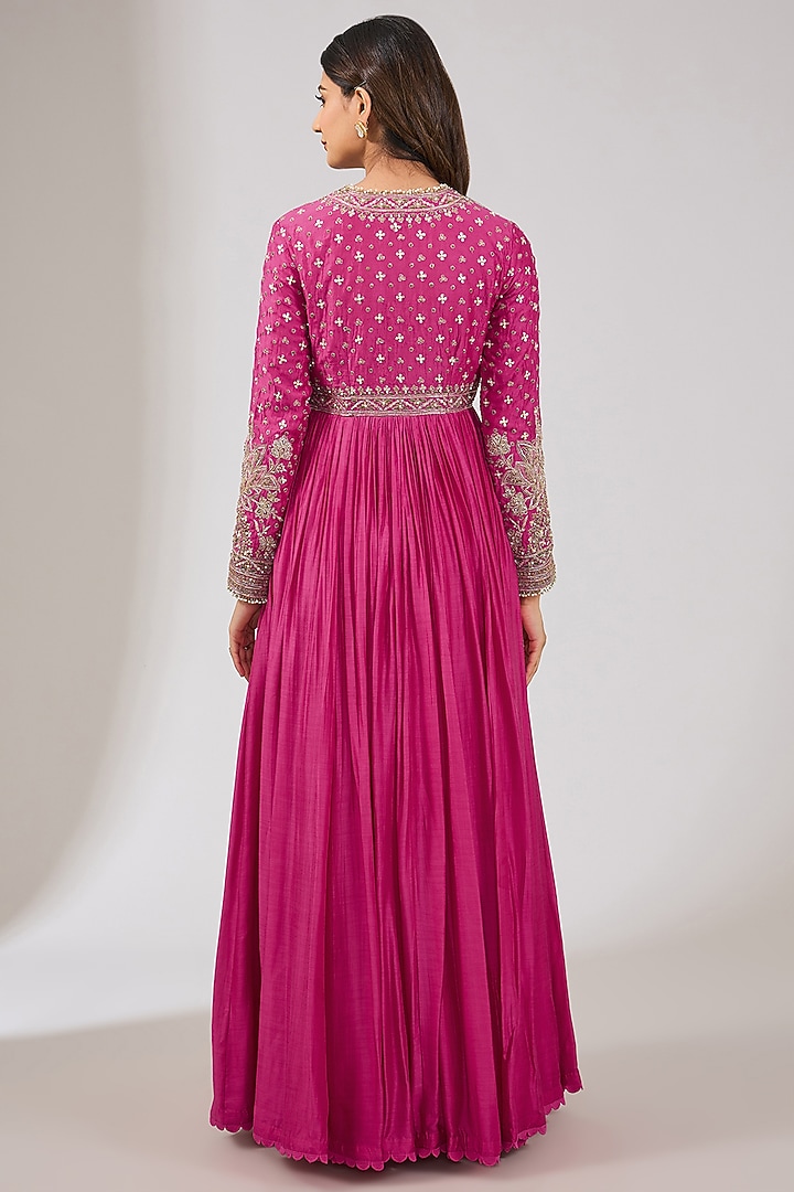 Fuchsia Fine Silk Embroidered Bridal Anarkali Set by Ridhi Mehra at Pernia's Pop Up Shop
