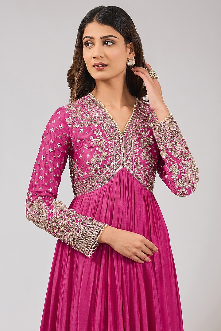 Fuchsia Fine Silk Embroidered Bridal Anarkali Set by Ridhi Mehra at Pernia's Pop Up Shop