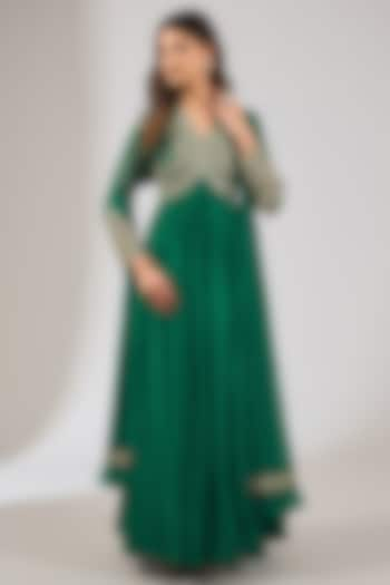 Emerald Green Fine Silk Embroidered Anarkali Set by Ridhi Mehra at Pernia's Pop Up Shop