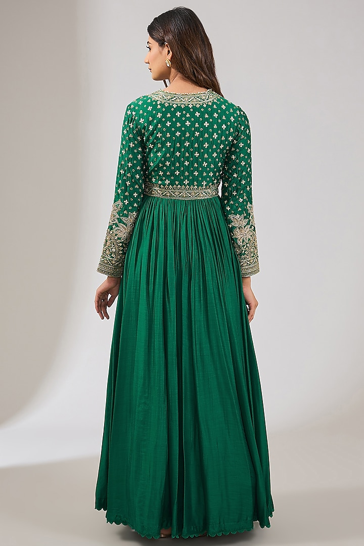 Emerald Green Fine Silk Embroidered Bridal Anarkali Set by Ridhi Mehra at Pernia's Pop Up Shop