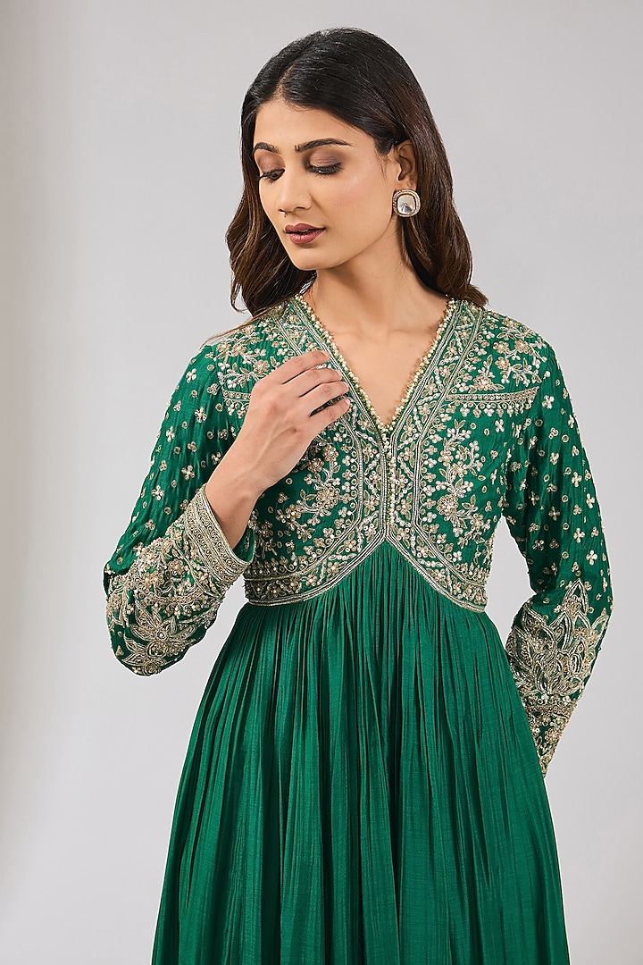 emerald green silk festive tiered anarkali dress MIRAY- EMERALD GREEN EMBROIDERED ANARKALI SET