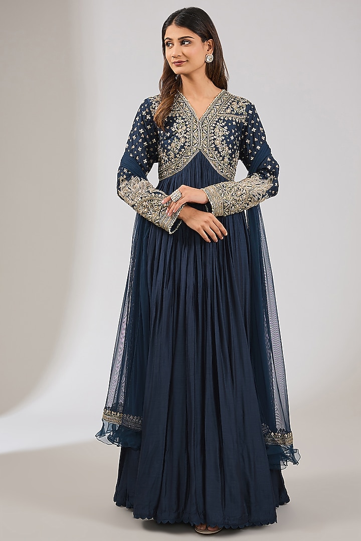 Navy Blue Fine Silk Embroidered Anarkali Set by Ridhi Mehra at Pernia's Pop Up Shop