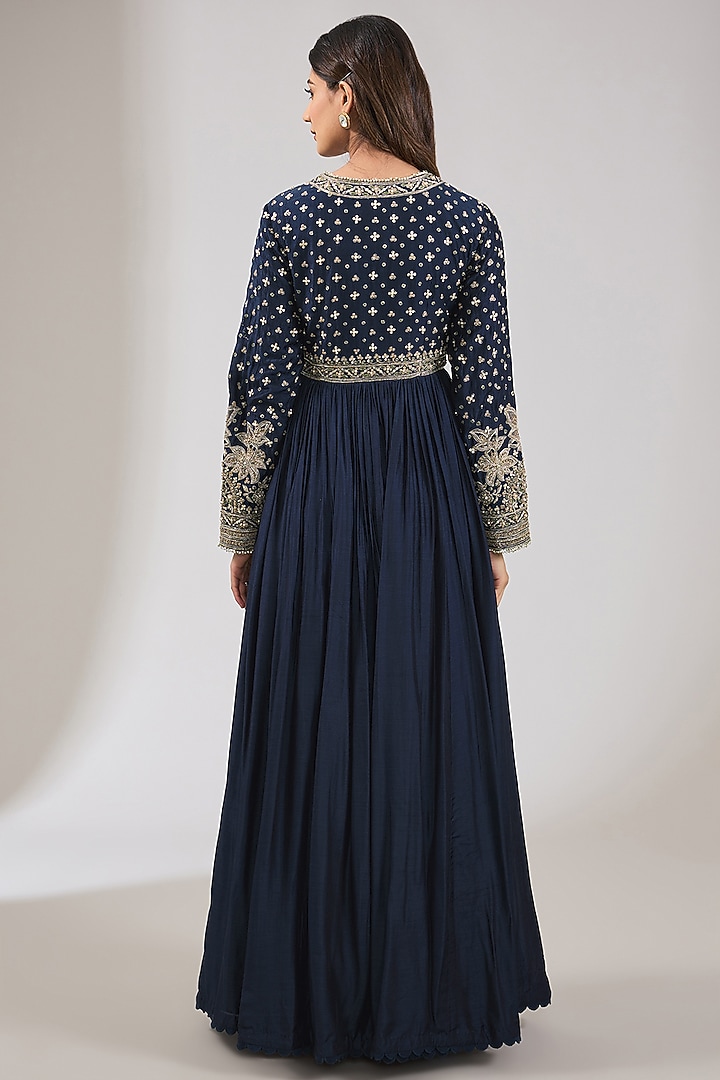Navy Blue Fine Silk Embroidered Bridal Anarkali Set by Ridhi Mehra at Pernia's Pop Up Shop