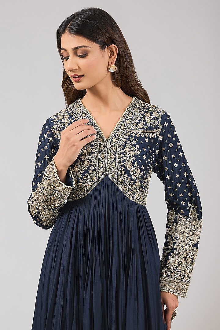 Navy Blue Fine Silk Embroidered Bridal Anarkali Set by Ridhi Mehra at Pernia's Pop Up Shop