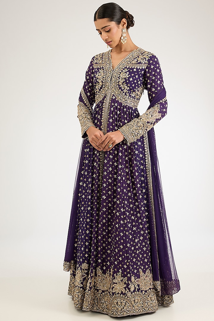 Purple Silk Embroidered Anarkali Set by Ridhi Mehra at Pernia's Pop Up Shop