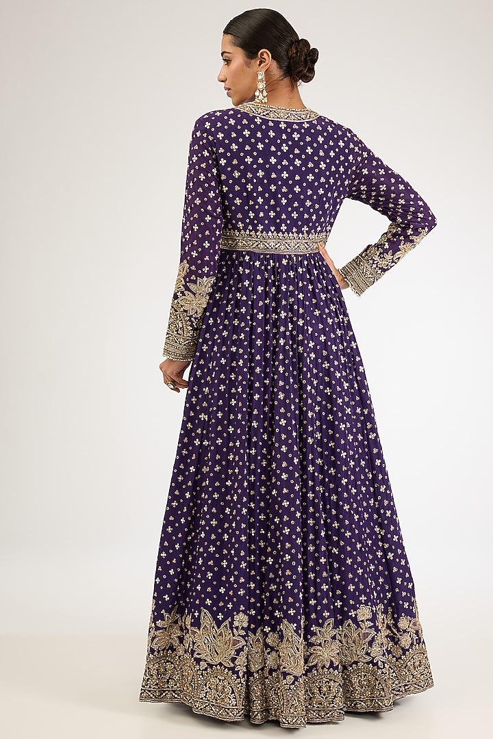 Purple Silk Embroidered Bridal Anarkali Set by Ridhi Mehra at Pernia's Pop Up Shop