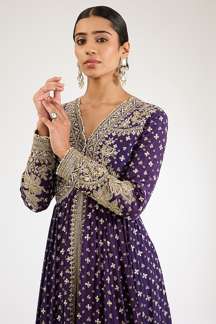 Purple Silk Embroidered Bridal Anarkali Set by Ridhi Mehra at Pernia's Pop Up Shop
