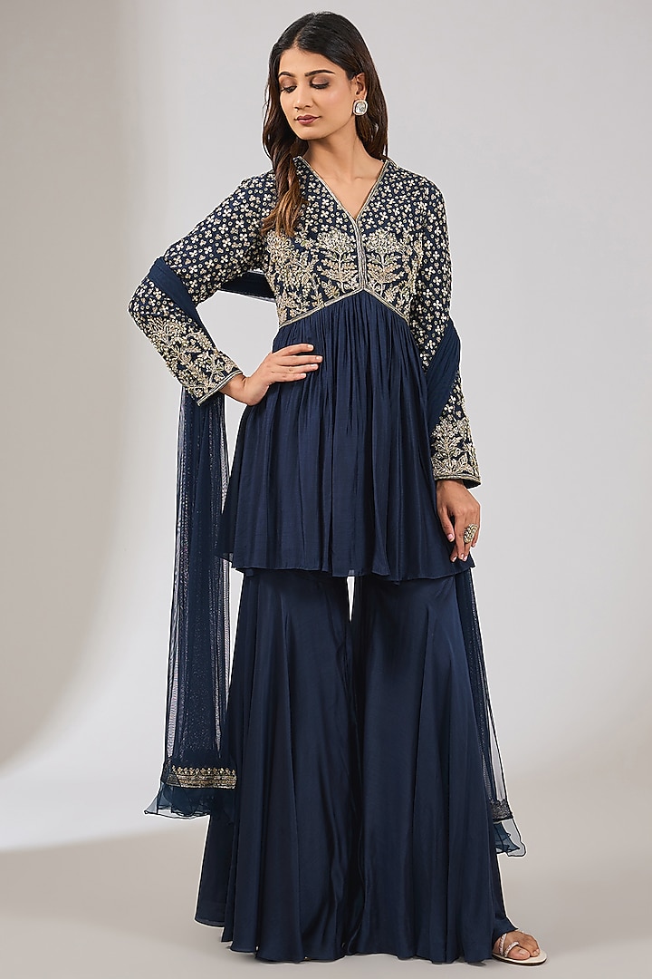 Navy Blue Fine Silk Embroidered Anarkali Set by Ridhi Mehra at Pernia's Pop Up Shop