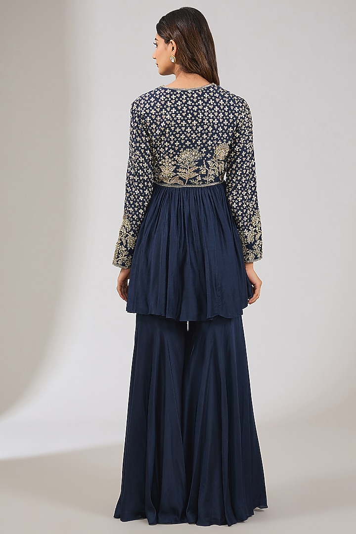 Navy Blue Fine Silk Embroidered Bridal Anarkali Set by Ridhi Mehra at Pernia's Pop Up Shop
