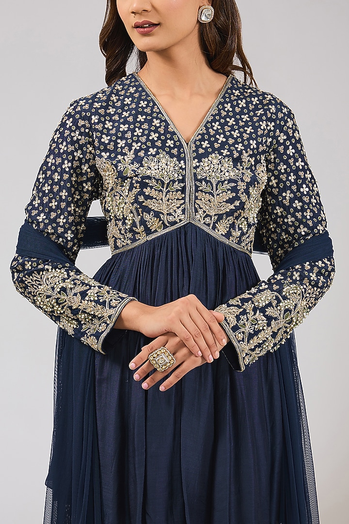 Navy Blue Fine Silk Embroidered Bridal Anarkali Set by Ridhi Mehra at Pernia's Pop Up Shop