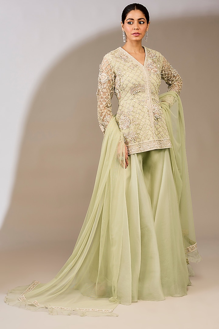 Silver & Green Organza Sharara Set by Ridhi Mehra at Pernia's Pop Up Shop