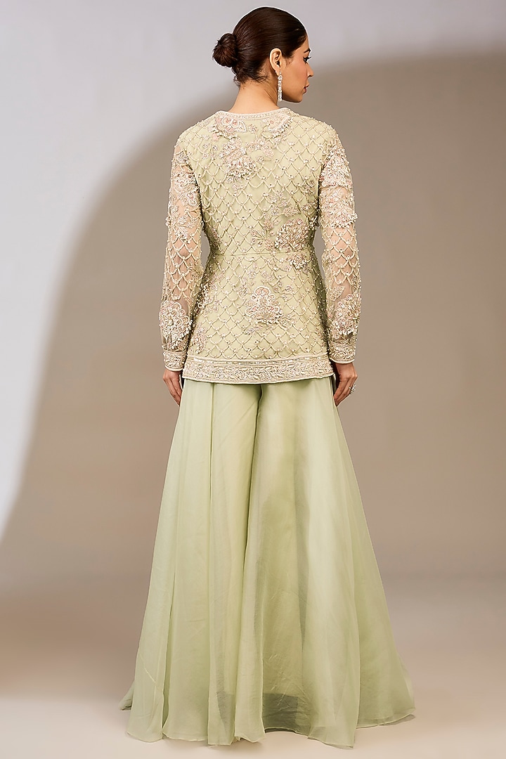 Silver & Green Organza Bridal Sharara Set by Ridhi Mehra at Pernia's Pop Up Shop