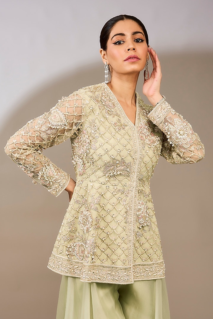 Silver & Green Organza Bridal Sharara Set by Ridhi Mehra at Pernia's Pop Up Shop