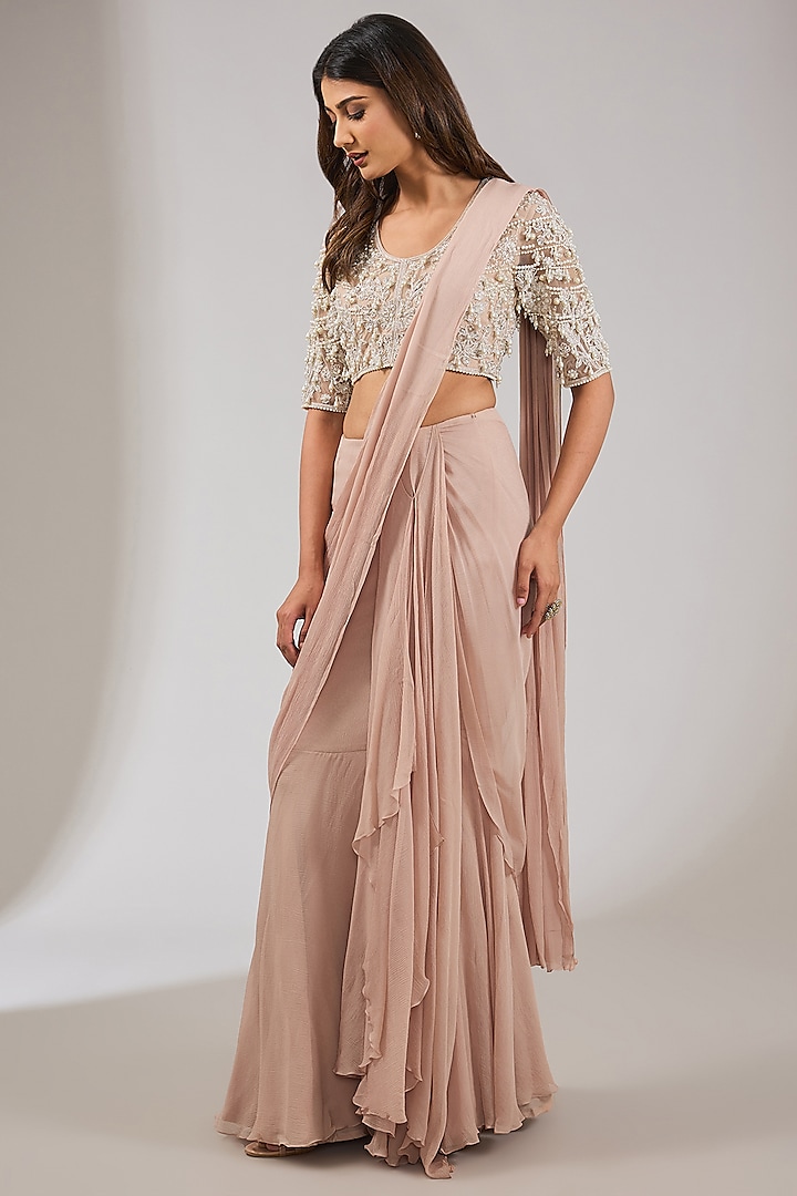 Dusty Pink Chiffon Draped Saree Set by Ridhi Mehra at Pernia's Pop Up Shop