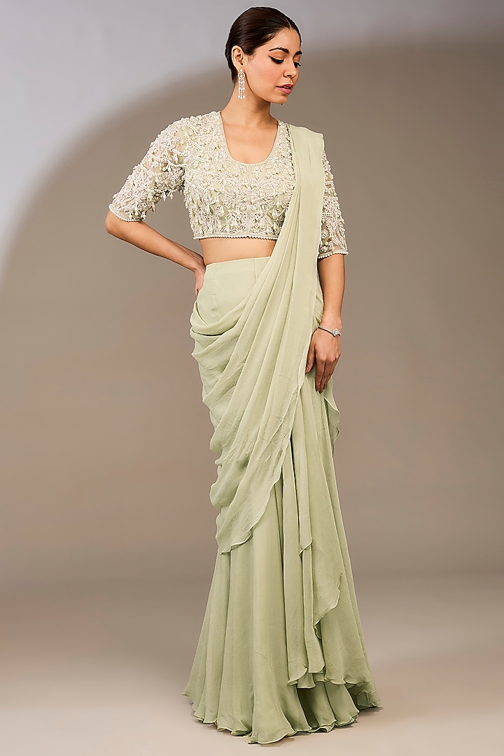 Silver & Green Chiffon Draped Ruffled Saree Set by Ridhi Mehra