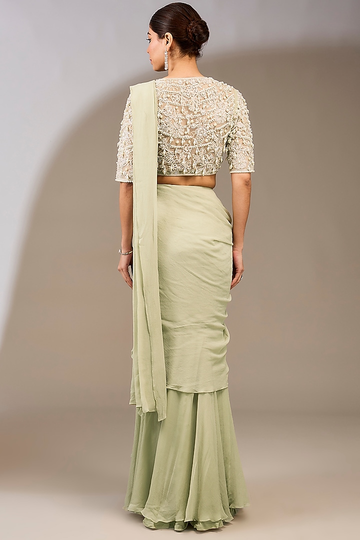 Silver & Green Chiffon Draped Ruffled Reception Saree Set by Ridhi Mehra at Pernia's Pop Up Shop