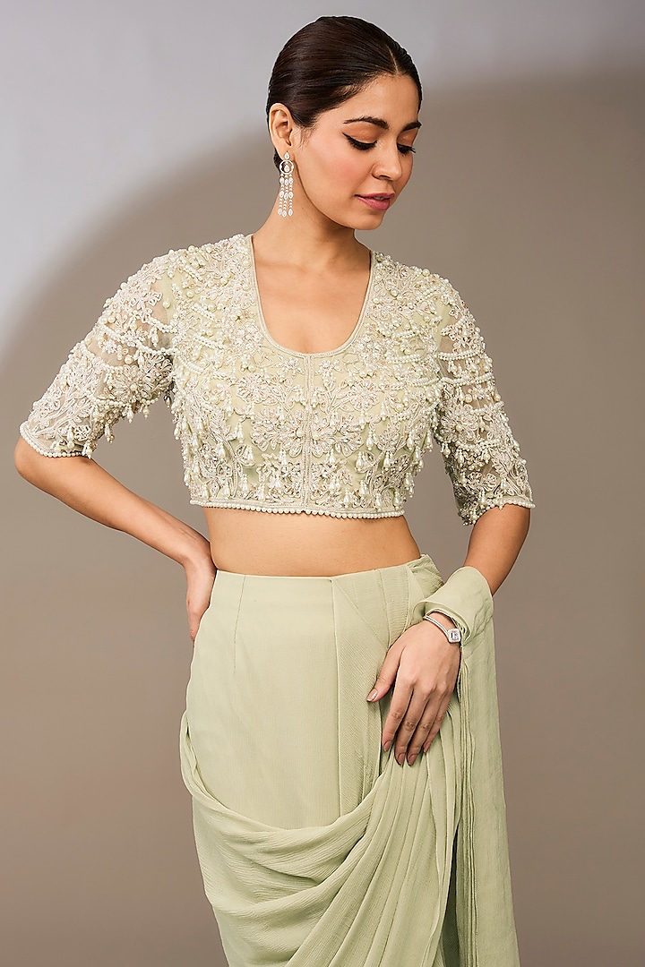 Silver & Green Chiffon Draped Ruffled Reception Saree Set by Ridhi Mehra at Pernia's Pop Up Shop
