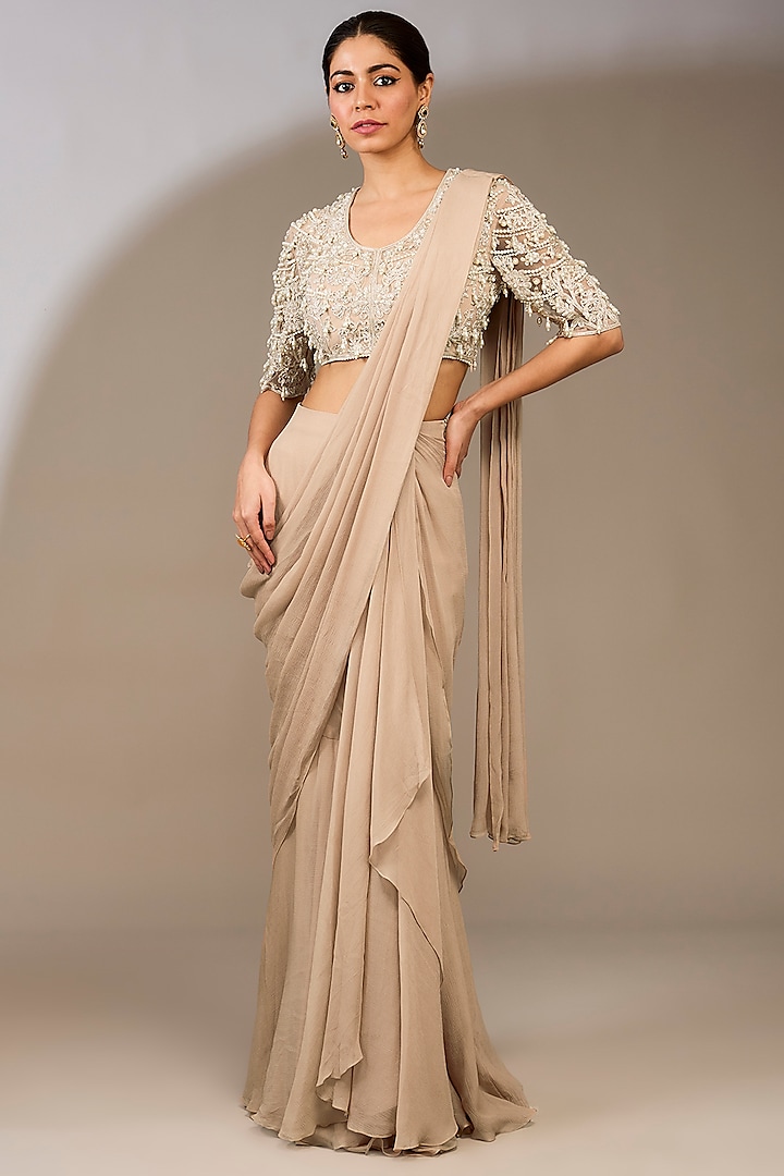 Champagne Chiffon Draped Ruffled Saree Set by Ridhi Mehra