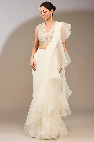 Ivory Chiffon Draped Ruffled Saree Set by Ridhi Mehra